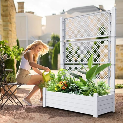 EasyUp Raised Garden Bed with Trellis for Climbing Plants, Outdoor Herb Planter Box with Drainage Plug & Water Gauge, Durable Resin for Patio, Balcony, Yard, Dust-Proof Garden Planter