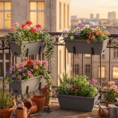 CADUKE 2 Tier Deck Railing Planter Boxes, Adjustable Hanging Railing Planter, Outdoor Railing Flower Boxes, Window Flower Boxes for Deck Railings, Gray - color: Gray