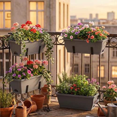 CADUKE 2 Tier Deck Railing Planter Boxes, Adjustable Hanging Railing Planter, Outdoor Railing Flower Boxes, Window Flower Boxes for Deck Railings, Gray - color: Gray