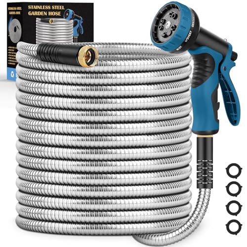 Garden Hose 50FT, Water Hose with 10 Function Nozzle, Garden Hose Metal with Leak-proof Connectors, Kink-Free & Ultra Flexible, Rust/Pet/Puncture Proof for Lawn, Yard, RV, Car Wash, 550PSI - size: 50 FT
