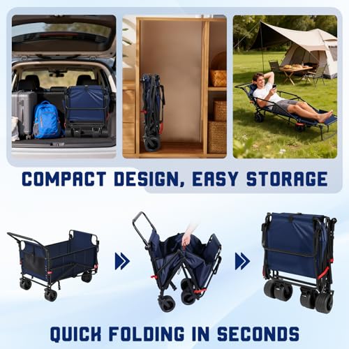 LEVELEVE Heavy Duty Folding Wagon - 2-in-1 Collapsible Cart, All-Terrain Wheels w/Brakes & Side Pockets (Blue,650lb Capacity) - color: Blue, size: Large