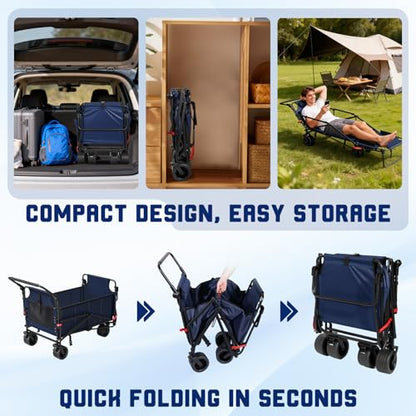 LEVELEVE Heavy Duty Folding Wagon - 2-in-1 Collapsible Cart, All-Terrain Wheels w/Brakes & Side Pockets (Blue,650lb Capacity) - color: Blue, size: Large