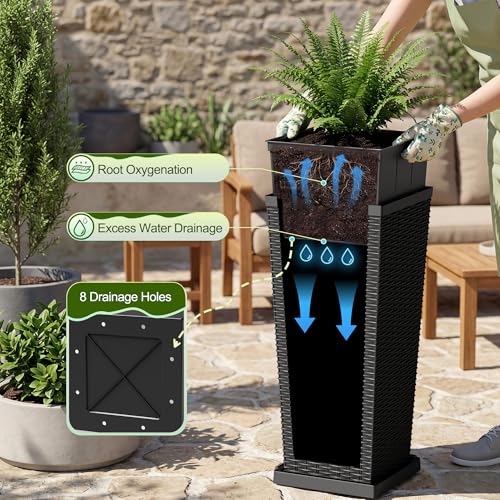Devoko Resin 24'' Tall Planters, Large Taper Outdoor Planter - color: Black, size: 24" With Trays