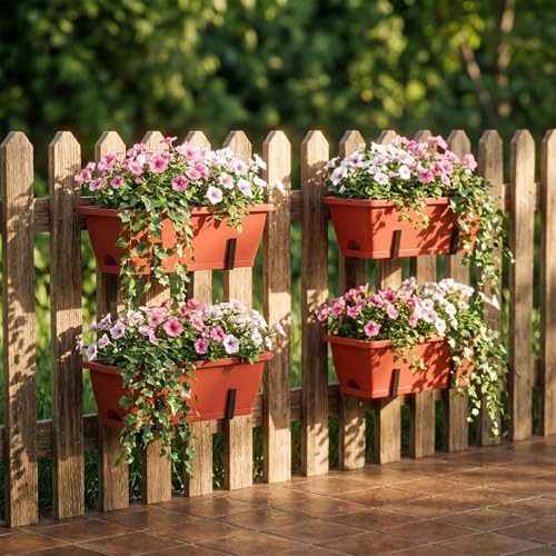 CADUKE Railing Planters Outdoor Balcony, 16.9" Hanging Flower Pots, Fence Planters for Deck Patio Garden with Drain Holes & Detachable Hooks, Red - color: Red