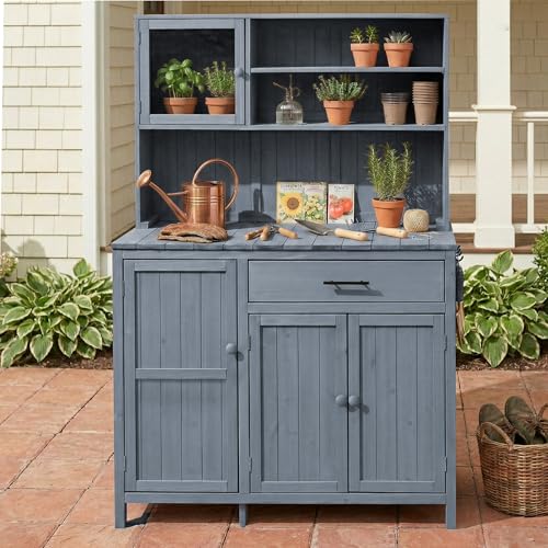 Merax Outdoor Garden Potting Bench with Hutch, 65" H Solid Fir Wood Patio Garden Workstation Tabl with Large Countertop, Adjustable Shelves, Door Rack, Side Hook and Drawer, Gray - color: Gray