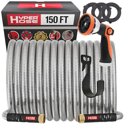 Best 150 ft Metal Garden Hose Set - No-Kink Durable 316 Stainless Steel, 10-Way Zync Spray Nozzle & Hook – Tough Flexible Heavy Duty Water Hoses, 5/8 in, Rust, Weather, LeakProof - size: 150 FT SET