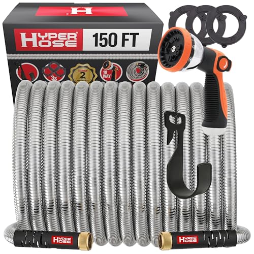 Best 150 ft Metal Garden Hose Set - No-Kink Durable 316 Stainless Steel, 10-Way Zync Spray Nozzle & Hook – Tough Flexible Heavy Duty Water Hoses, 5/8 in, Rust, Weather, LeakProof - size: 150 FT SET