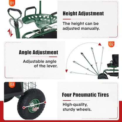 Rolling Garden Cart with Seat, Garden Workseat with 360-Degree Swivel - color: Green+backrest