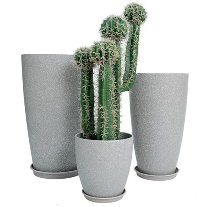 24,21,11 Inch Large Plastic Planters with Drainage Hole and Saucer - Set of 3 Tall Plant Pots Indoor Flower Pot Tall Round Planters Outdoor Large Tall Planter - color: Light Gray