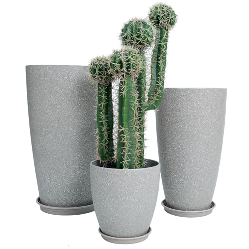 24,21,11 Inch Large Plastic Planters with Drainage Hole and Saucer - Set of 3 Tall Plant Pots Indoor Flower Pot Tall Round Planters Outdoor Large Tall Planter - color: Light Gray