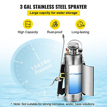 Happybuy 3 Gallon Stainless Steel Sprayer, 20" Wand & 3FT Reinforced Hose, Hand Pump Sprayer with Pressure Gauge, Safety Valve & Adjustable Nozzle, Weed Sprayers for Lawn, Gardening & Sanitizing - size: 3 Gallon