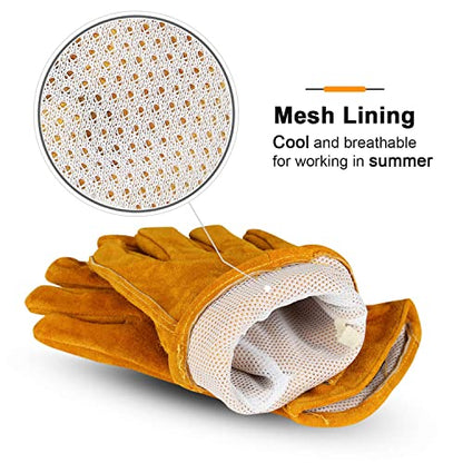 OZERO Leather Work Gloves, Gardening Gloves, Cowhide, Mesh Lining, 1Pair, L - color: Gold With Mesh Linning (1 Pair), size: Large