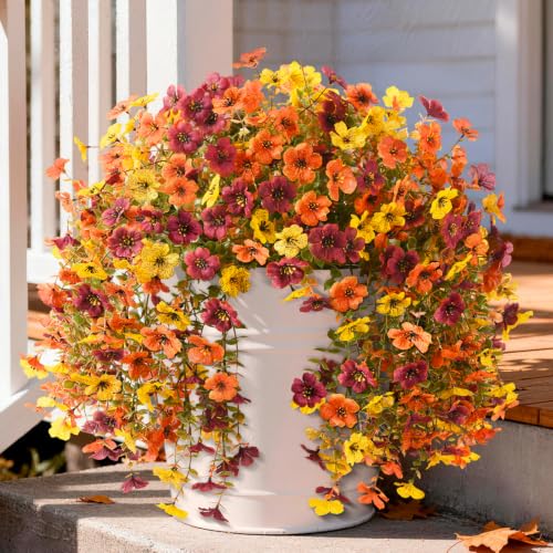 INQCMY Fall Artificial Fake Flowers for Outdoors Faux Mums UV Resistant - color: Orange,brown,yellow