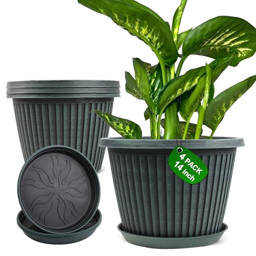 Large-Planter-Indoor-Outdoor Plant Pots, 14 inch 4 Pack Plastic Flower Pots with Saucer And Drainage Holes, Modern Garden Planters For Planting Medium Large Plants, Decorative Resin Garden Pots - color: Blue Green, size: 14 inch