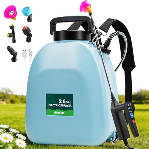 SideKing 2.6 Gallon Battery Powered Backpack Sprayer, Electric Weed Sprayer with 3 Adjustable Pressures, Battery Indicator, 5 Nozzles & 40" Telescopic Wand, Rechargeable Garden Sprayer for Lawn & Yard - color: Sky Blue, size: 2.6 Gallon