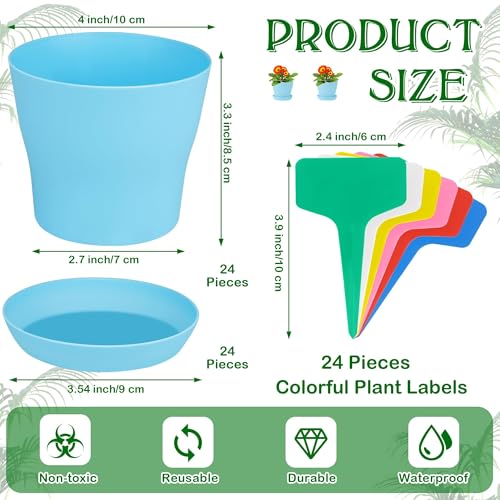 Aodaer 24 Pack 4 Inch Plastic Planters with Multiple Drainage Holes and Tray Indoor Outdoor Flower Plant Nursery Pots with Labels Flower Seedling Pots for Herb Garden Home Succulents, Blue - color: Blue