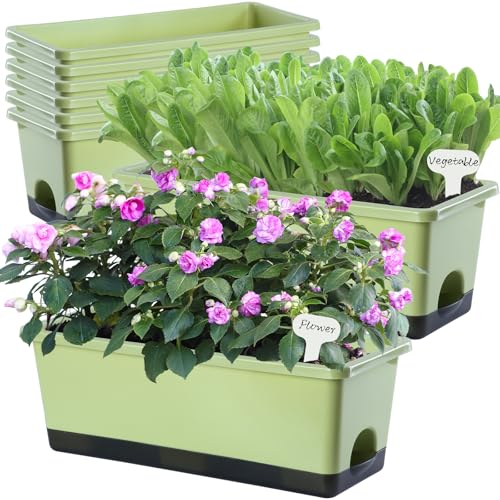 Oliz Window Box Planter 8 Pcs, 17 Inches Rectangle Flower Pots with Drainage Holes & Trays, Vegetable Planters for Windowsill Patio Garden Balcony Home Indoor Outdoor (Light Green, 16 * 7 * 6 inch) - color: Light Green