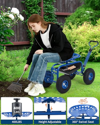 Heavy Duty Rolling Garden Work Seat – 360° Swivel Adjustable Height Stool, 10" All-Terrain Wheels, Extendable Handle, Tool Tray & Basket, 400 lbs Capacity – Blue - color: Blue, size: Without Backrest