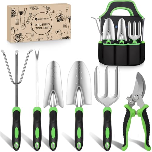 Yesker Gardening Tools 7-Piece Heavy Duty Garden Tool Set Gardening Supplies Gifts for Women Men Gardening Hand Tool Kit with Non-Slip Ergonomic Handle, Durable Garden Bag, Pruning Shears, Black Green - size: 7PCS Black Green