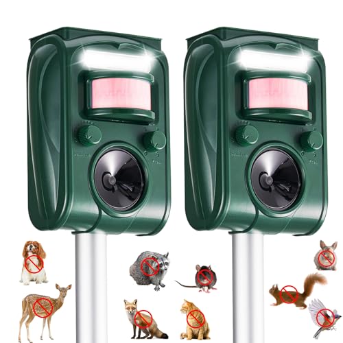 Adjustable-Mode Solar Ultrasonic Animal Repellent, Squirrel Deer Cat Raccoon Repellent Device, Outdoor Waterproof Motion Detection Animal Deterrent, Rabbit Dog Deterrent for Yard, 2P Dark Green