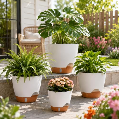 Large Self Watering Pots for Indoor Plants, 12/10/9/8 Inch White