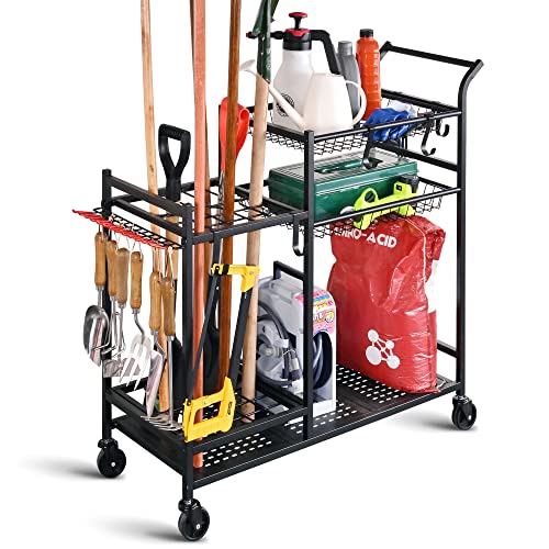 PLKOW Rolling Garden Tool Organizer with Shelves and Hooks, Black - size: Deluxe Rack