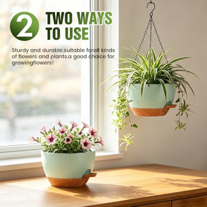 8 Inch Self Watering Hanging Planters Set of 3 with Saucers - color: Green Brown, size: 8 Inch 3 Pack