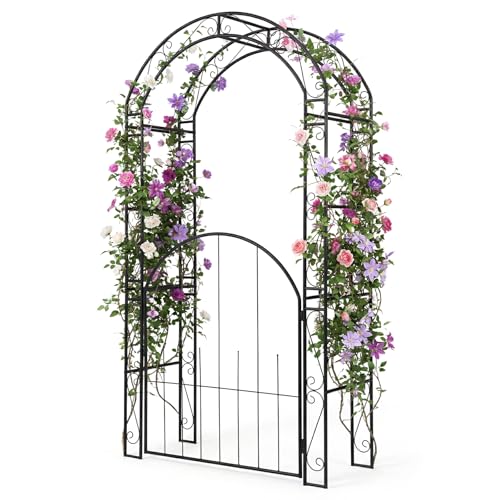 Moccha 84'' Garden Arbor with Gate - Outdoor Arbor Trellis for Climbing Plants, Roses, Vines, Outside Pergola Planter, Metal Pathway Decoration, Wedding Arch for Party Ceremony Patio Entrance - size: 45” L x 17”W x 84”H
