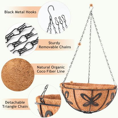 Hanging Baskets Planter for Plants, 2 Pack 12 Inch Round Metal Wire Hanging Flower Pots with Coco Coir Liner Chain, Plant Holder for Home Garden Balcony Decor - size: 12in