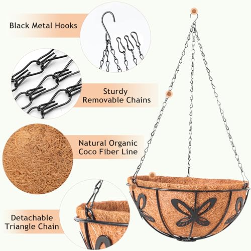Hanging Baskets Planter for Plants, 2 Pack 14 Inch Round Metal Wire Hanging Flower Pots with Coco Coir Liner Chain, Plant Holder for Home Garden Balcony Decor - size: 14in