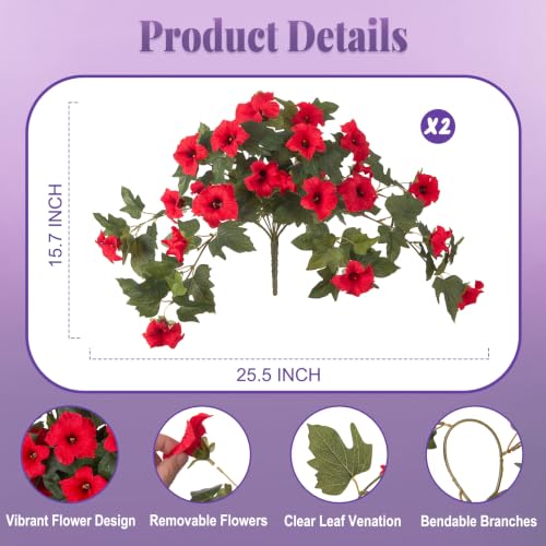 Ammyoo 2PCS Artificial Petunias Flowers Fake Plants for Outdoor Decoration - color: Red