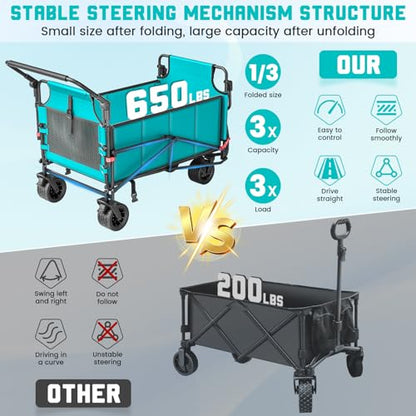LEVELEVE Heavy Duty Folding Wagon - 2-in-1 Collapsible Cart, All-Terrain Wheels w/Brakes & Side Pockets (Azure Blue, 650lb Capacity) - color: Sky Blue, size: Large
