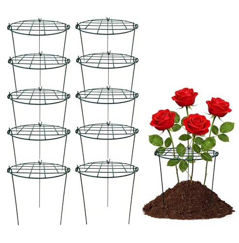 10 Pack 12 x 16 inch Poeny Cage Grow Through Grid Plant Brace Flower Support Rings,Round Metal Plant Stakes Rings, Strong Large Garden Supports for Flowers, Peonies, Rose, Lily - size: 12"x16" Pack of 10