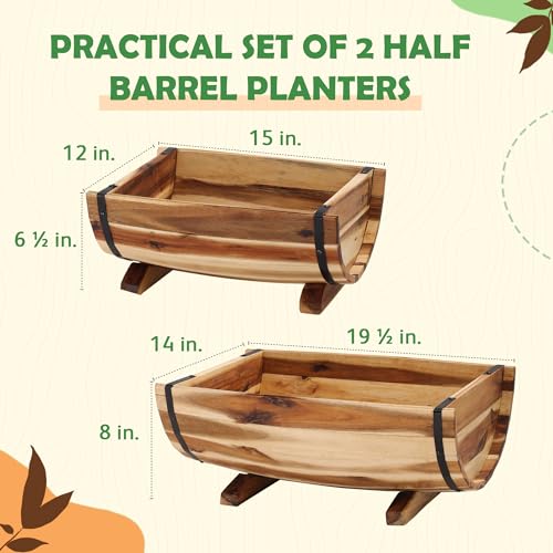 Solid Acacia Wood Half Barrel Planters Outdoor Set of 2 Different Sizes, Wooden Planters for Outdoor Plants with Metal Bands & Drainage Holes, Legs Included, Natural - color: Natural_half Barrel Planter Pots_pack 2
