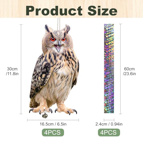 4 Pack Fake Owl to Keep Pigeon Woodpecker Away, Hanging Plastic Flat Fake Owl with Reflective Tape to Scare Animals Away for Windows Outdoor Patio Contryard Garden Backyard Front Porch - color: 4pcs-lt.brown