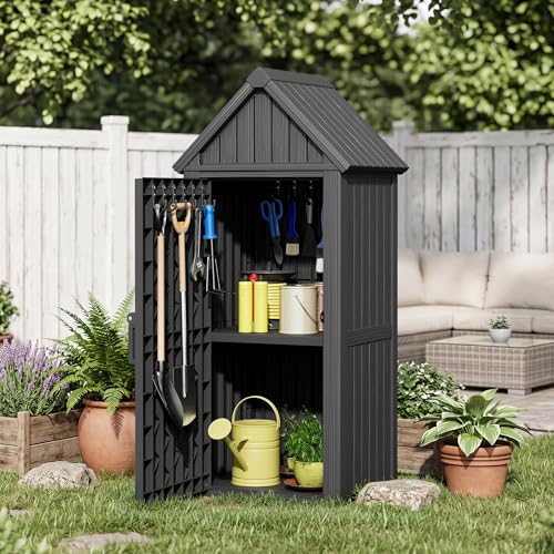 Fancyango Outdoor Resin Storage Cabinet Sturdy All-Weather Shed with Removable Shelves Lock Ring & Reinforced Floor – for Garden Patio Lawn (Black) - color: Black