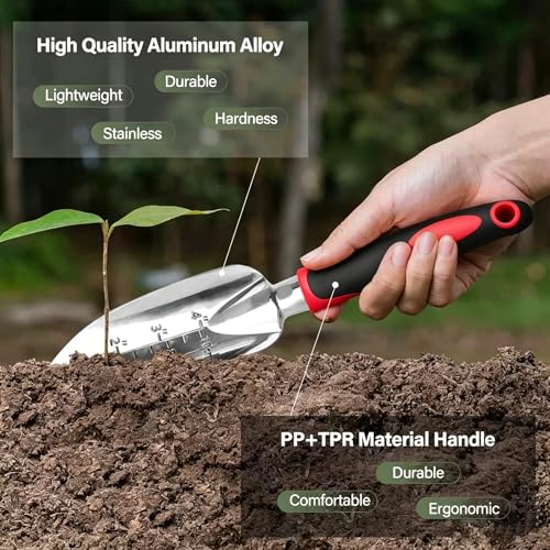 Stainless Steel Garden Tool Set，3 Pieces, Including Hand Shovel & Transplant Shovel & Hand Rake with Non-Slip Soft Ergonomic Handle (red) - color: red