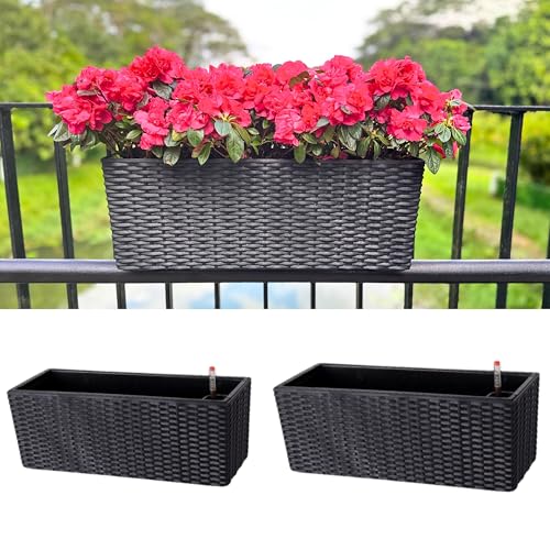 LaLaGreen Outdoor Rail Planter for Balcony (20 Inch, 2 Pack) Large Black Self Watering Deck Railings Planters with Brackets, Rectangular Plastic Fence Flower Box Designer Choice with Rattan Pattern - color: Black X 2