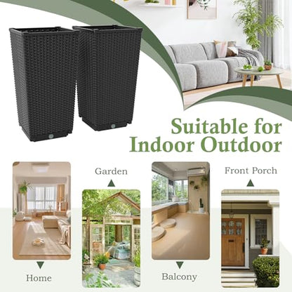 GIANTEX Outdoor Wicker Flower Pot Set of 2, 23 Inch Tall, Black - color: Black, size: 13''x13''x23''
