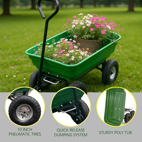 600Lb Wheelbarrow Dump Garden Cart with 4 10" All Terrain Wheels - style: Green- 4 Wheels