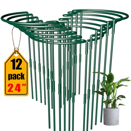 Plant Support Stakes 12 Pack 10" W x 24" H, Half Round Garden Stake, Metal Ring Border, Green Peony Cages and Supports for Tomato Hydrangea Flower Outdoor - size: 12pack 10inx24in