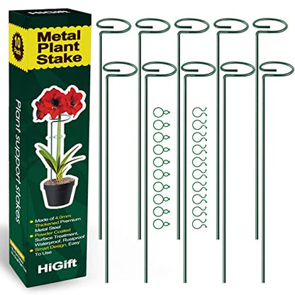 HiGift 10 Pack 17 inches Plant Support Plant Stakes with 20 Pcs Plant Clips, Metal Garden Single Stem Flower Support Stick Plant Cage Support Ring for Amaryllis Orchid Peony Rose Tomato - size: 17 Inch-10 Pack