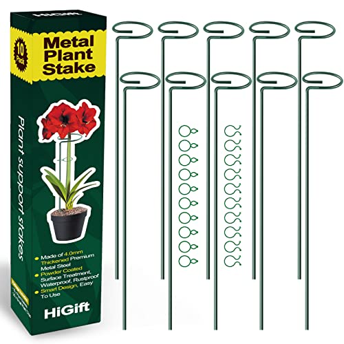 HiGift 10 Pack 17 inches Plant Support Plant Stakes with 20 Pcs Plant Clips, Metal Garden Single Stem Flower Support Stick Plant Cage Support Ring for Amaryllis Orchid Peony Rose Tomato - size: 17 Inch-10 Pack