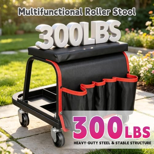 Rolling Mechanic Garage Stool on Wheels with Side Pockets, Black - color: Black