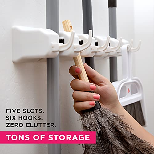 Broom Holder Wall Mount, Mop and Broom Organizer – Wall Mounted Broom Rack & Mop Rack, Rack for Brooms and Mops | Broom Hanger Wall Mount with 5 Slots & 6 Hooks, Kitchen Garage Laundry Garden (White) - color: White, size: 1 Pack