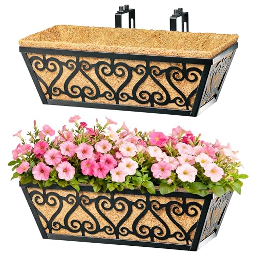 2 Pack 16 Inch Deck Railing Planter Box - Window Boxes Planters with Adjustable Brackets Coco Liners Balcony Planters Railing Hanging for Wind - size: 16 Inch