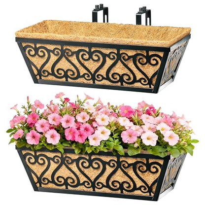 2 Pack 16 Inch Deck Railing Planter Box - Window Boxes Planters with Adjustable Brackets Coco Liners Balcony Planters Railing Hanging for Wind - size: 16 Inch