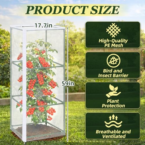 3PCS Garden Bird Netting for Square Tomato Cage with Zipper & Drawstring - size: 17.7x17.7x59in