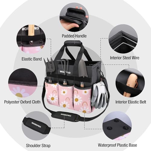 WORKPRO Garden Tool Bag, 10 Pockets and Shoulder Strap, Floral Pink - color: Floral Pink