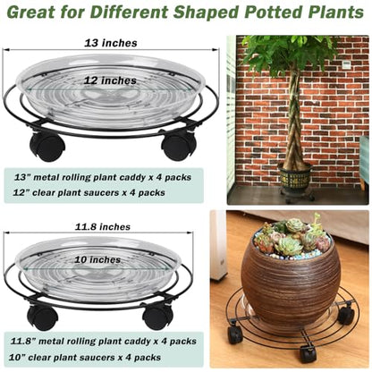8 Packs Large Metal Plant Caddy with Wheels 13" and 11.8" Heavy-Duty Wrought Iron Rolling Plant Stands with Casters Plant Dolly Plant Roller Base Indoor and Outdoor Plant Pot Movers Planter Rollers - color: Black